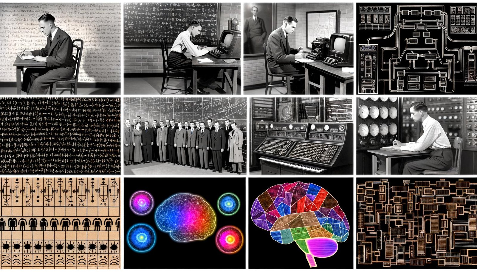 Collage zur Geschichte der Künstlichen Intelligenz: links 1940/50er mit Alan Turing, Logiktafel, SNARC‑Vakuumröhren und Neuronenschemata; Mitte: Logic Theorist, Samuels Checkers, Lochstreifen, CRT, überlagert von ELIZA‑Dialog und SHRDLU‑Blockwelt; rechts: moderne GPUs, neuronales Gitter, leuchtende Vektoren, Transformer‑ und GPT‑Icons, Flow‑Diagramme, multimodale Verknüpfungen (Text‑Bild‑Audio) und Datenwolken; dynamisch, leicht chaotisch; Hintergrundtext „Repräsentation, Inferenz, Lernen, Zielsetzung“.