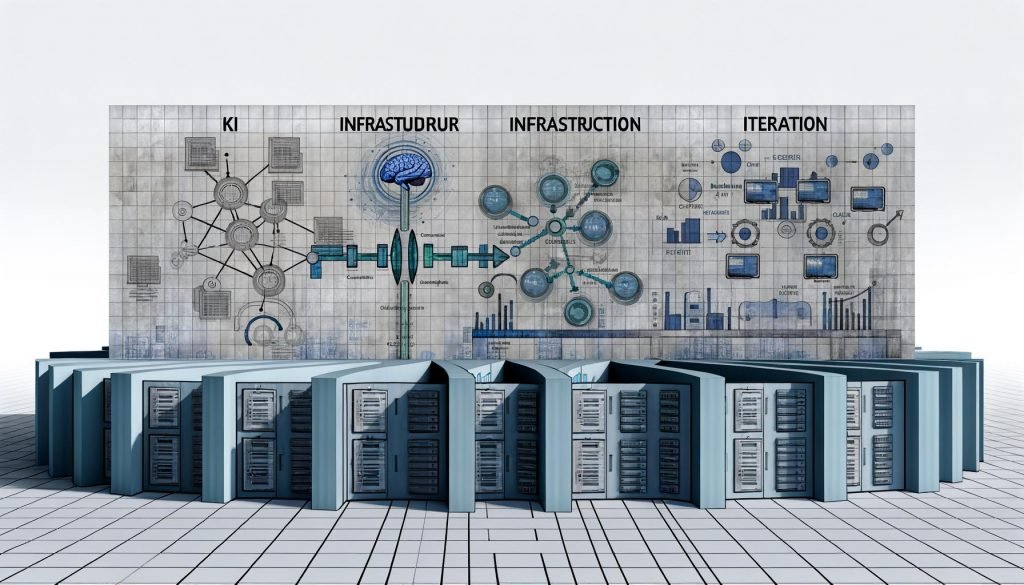 Dynamisch illustrierter digitaler Workspace mit drei verknüpften Säulen: KI als neuronales Netz mit Marketing‑Icons, Infrastruktur mit vernetzten Servern, Dashboards und Event‑Streams, Iteration als Test‑und‑Learn‑Schleife mit A/B‑Grafiken, Bandit‑Armen und Metrik‑Dashboards; im Hintergrund verblassende PDFs und Chat‑Apps, vorn glänzende Datenpipelines, kreative Assets und Compliance‑Checklisten; klare Linien, blau‑graue Palette.