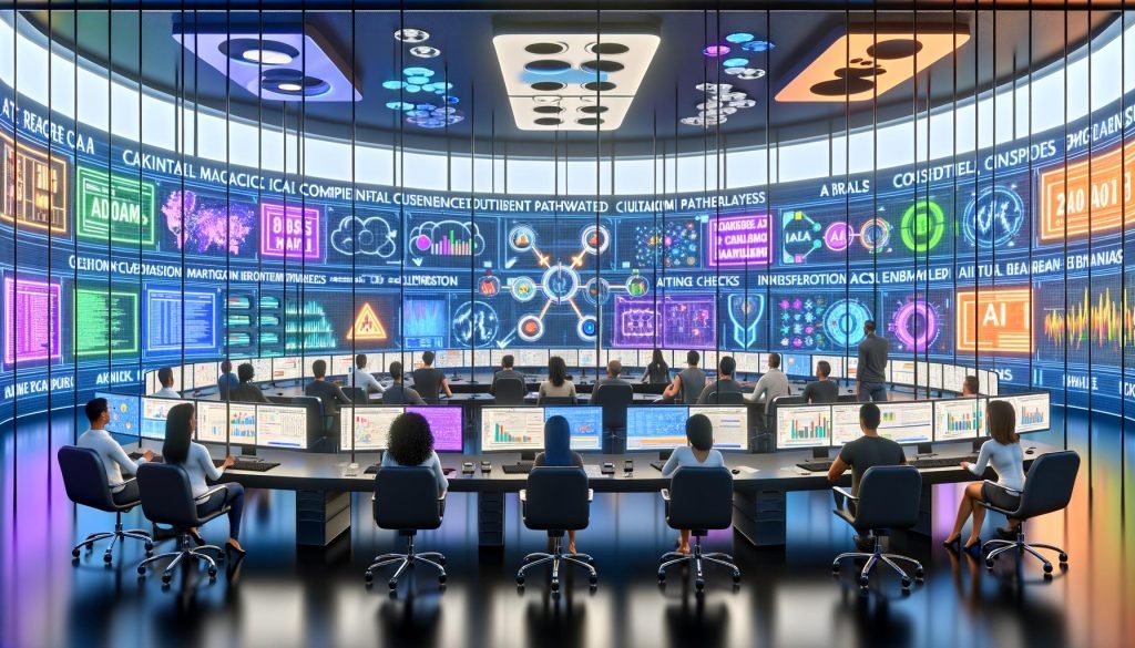 Glasummauerter Kontrollraum eines KI‑Marketing‑Maschinenraums mit leuchtenden Dashboards, vernetzten Datenpipelines, Serverracks und ML‑Visualisierungen. Dateningenieure, Marketer und Compliance‑Beauftragte koordinieren Kampagnen, prüfen Consent‑Management und Governance‑Guardrails und verfolgen Kennzahlen wie CAC, ROAS und LTV; Hologramme zeigen Customer Journeys und KI‑generierte Anzeigenvarianten.