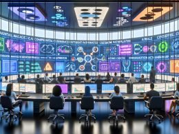 Glasummauerter Kontrollraum eines KI‑Marketing‑Maschinenraums mit leuchtenden Dashboards, vernetzten Datenpipelines, Serverracks und ML‑Visualisierungen. Dateningenieure, Marketer und Compliance‑Beauftragte koordinieren Kampagnen, prüfen Consent‑Management und Governance‑Guardrails und verfolgen Kennzahlen wie CAC, ROAS und LTV; Hologramme zeigen Customer Journeys und KI‑generierte Anzeigenvarianten.