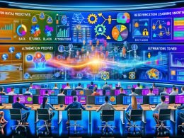 Datengetriebene Marketing-Schaltzentrale mit Teams vor großen Monitoren, die Echtzeit-Analytics, Attribution, Modellleistung und KI-Prognosen zeigen; Datenpipelines fließen in ein Lakehouse mit Feature-Store, MLOps und CDP; Privacy- und Compliance-Icons sichtbar.