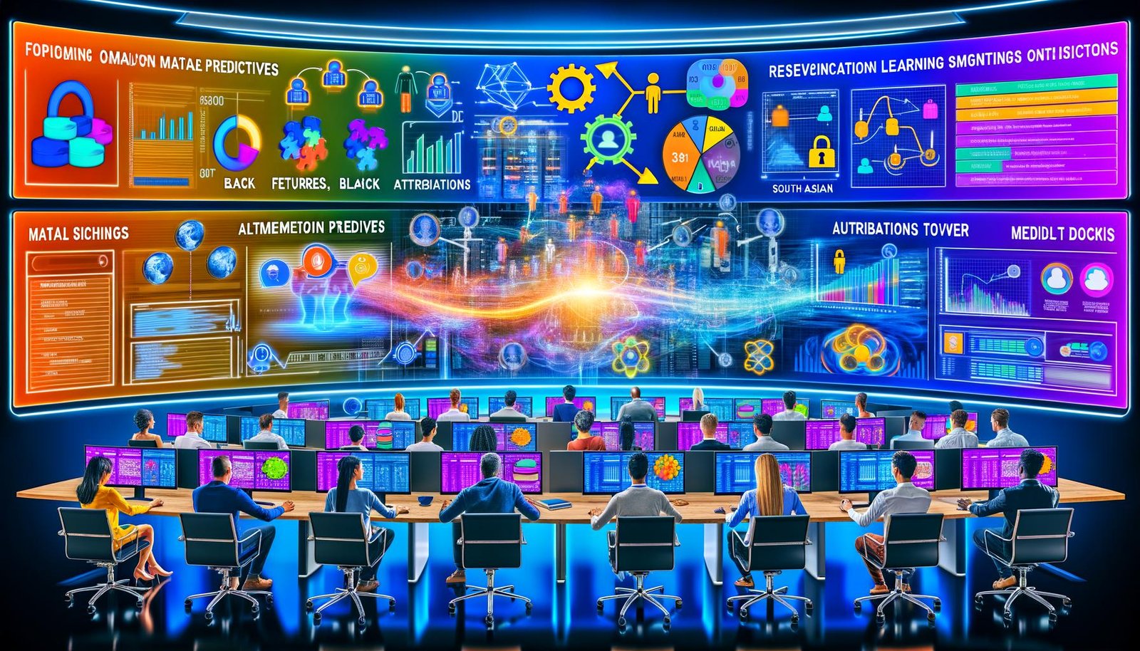 Datengetriebene Marketing-Schaltzentrale mit Teams vor großen Monitoren, die Echtzeit-Analytics, Attribution, Modellleistung und KI-Prognosen zeigen; Datenpipelines fließen in ein Lakehouse mit Feature-Store, MLOps und CDP; Privacy- und Compliance-Icons sichtbar.