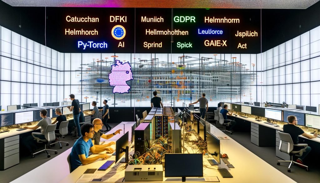 Modernes deutsches KI-Labor mit diversen Forschenden an großen Touchscreens; Visualisierungen zu neuronalen Netzen, DSGVO/AI Act; Laptops mit PyTorch/Hugging Face; Robotik-Prototypen; Karte mit Clustern Berlin, München, Tübingen, Jülich; Poster „Innovationen neu denken“.