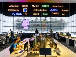 Modernes deutsches KI-Labor mit diversen Forschenden an großen Touchscreens; Visualisierungen zu neuronalen Netzen, DSGVO/AI Act; Laptops mit PyTorch/Hugging Face; Robotik-Prototypen; Karte mit Clustern Berlin, München, Tübingen, Jülich; Poster „Innovationen neu denken“.