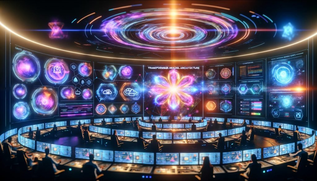 Futuristischer Kontrollraum mit diversen Fachleuten an transparenten Workstations; holografische Interfaces zeigen Datenströme, Transformer-Modell, semantische Karten, Content-Pipelines, KPIs und Compliance; GPU/TPU-Racks pulsieren im Hintergrund.