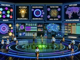 Futuristischer digitaler Kontrollraum: Marketer:innen, Data Scientists und Engineers arbeiten vor transparenten Touchscreens mit Echtzeit‑Metriken, Kampagnen‑Analytics und vernetzten KI‑Modellen; Icons für Daten, Modellierung, Messung, Automatisierung, Kreativität und Governance; im Hintergrund CDP, Data Warehouse, Feature Store und Model Registry, überlagert von einem neuronalen Netzwerk.