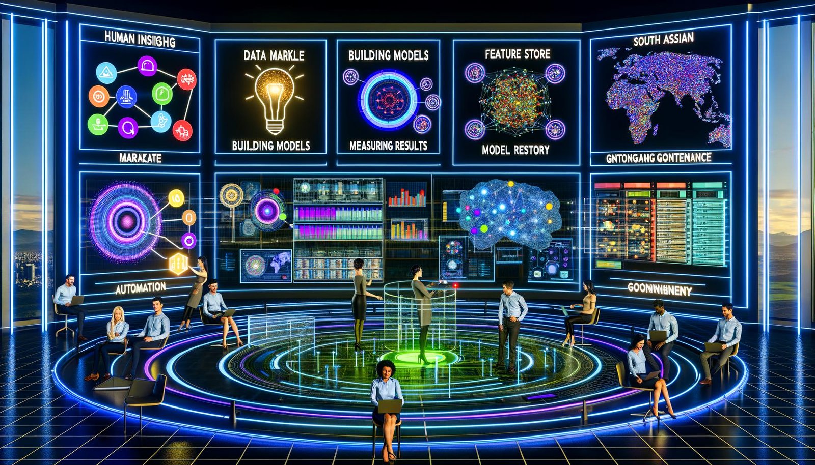 Futuristischer digitaler Kontrollraum: Marketer:innen, Data Scientists und Engineers arbeiten vor transparenten Touchscreens mit Echtzeit‑Metriken, Kampagnen‑Analytics und vernetzten KI‑Modellen; Icons für Daten, Modellierung, Messung, Automatisierung, Kreativität und Governance; im Hintergrund CDP, Data Warehouse, Feature Store und Model Registry, überlagert von einem neuronalen Netzwerk.