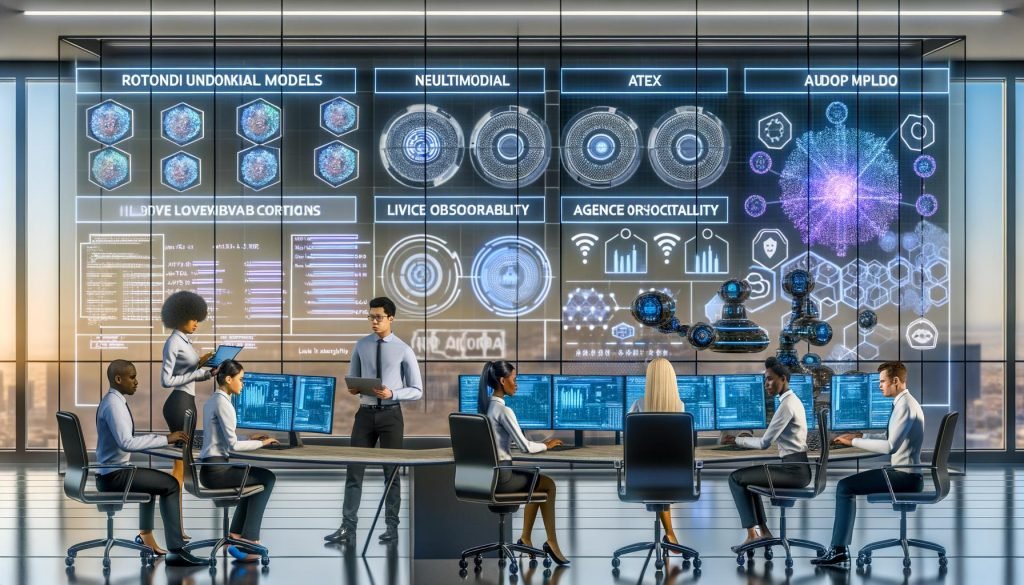 Moderner digitaler Kontrollraum mit großen KI-Dashboards und neuronalen Netzdiagrammen. Diverse Fachleute arbeiten an Code, KPI-Charts und einem Observability-Panel mit Tokenkosten- und Latenz-Grafen. Ein Robotikarm und ein Edge-Computing-Gerät symbolisieren die Verbindung von Software und Hardware. Holografische Icons zeigen Multimodalität, Agenten-Orchestrierung, Compliance und Sicherheit; EU-Regelwerke liegen seitlich.