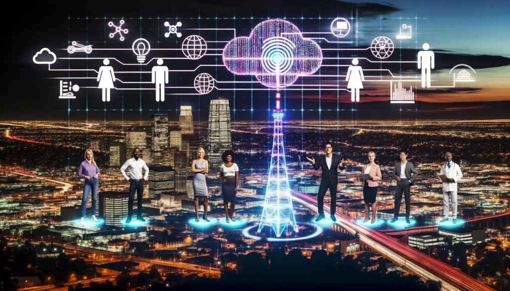 Moderne Skyline von Berlin bei Dämmerung mit Fernsehturm, überlagert von leuchtenden neuronalen Netzwerken und Datenströmen; Fachkräfte bedienen holografische KPI- und Cloud-Dashboards, EU-/DSGVO-Compliance sichtbar.