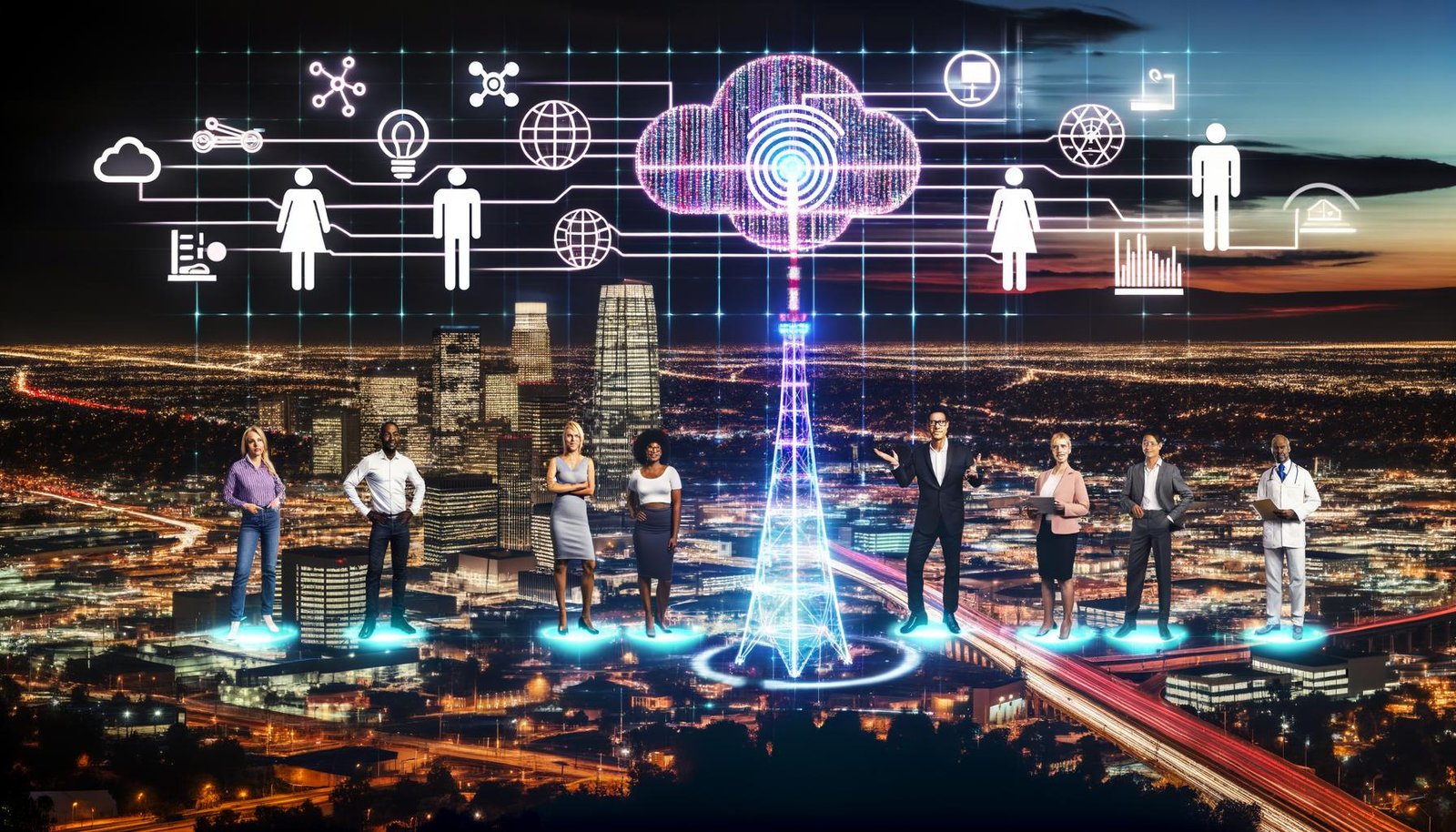 Moderne Skyline von Berlin bei Dämmerung mit Fernsehturm, überlagert von leuchtenden neuronalen Netzwerken und Datenströmen; Fachkräfte bedienen holografische KPI- und Cloud-Dashboards, EU-/DSGVO-Compliance sichtbar.