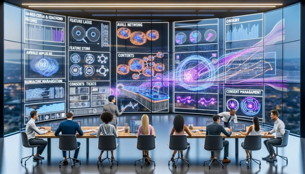 Futuristischer Open-Space für Marketing-Operations: diverses Team vor riesigen Displays mit Datenströmen, neuronalen Netzen, Customer-Journey-Maps sowie ROAS/LTV-KPIs; schwebende Interfaces zu Feature Store, Event-Streaming und Einwilligungsmanagement; holografische Pipeline von Signalerkennung zu automatisierten Entscheidungen; DSGVO-Konformität sichtbar.