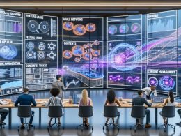 Futuristischer Open-Space für Marketing-Operations: diverses Team vor riesigen Displays mit Datenströmen, neuronalen Netzen, Customer-Journey-Maps sowie ROAS/LTV-KPIs; schwebende Interfaces zu Feature Store, Event-Streaming und Einwilligungsmanagement; holografische Pipeline von Signalerkennung zu automatisierten Entscheidungen; DSGVO-Konformität sichtbar.