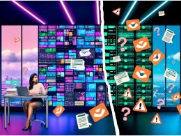 Split-Screen-Illustration: links ein hochmodernes Marketingbüro mit Neon-Dashboards, Chatbots und Tech-Gadgets; rechts Risse in digitalen Wänden, aus denen rote Warnsymbole, halluzinierte Inhalte, Daten-Tabellenfragmente, GDPR-Dokumente und „Bias Alert“-Dreiecke austreten. Im Vordergrund prüft ein Marketer besorgt Datenkabel und juristische Akten, während ein Techniker im Hoodie ein Server-Rack mit Alarmlichtern, Compliance-Checklisten und nach oben schießenden Kostengrafiken inspiziert; Stimmung dynamisch und angespannt.