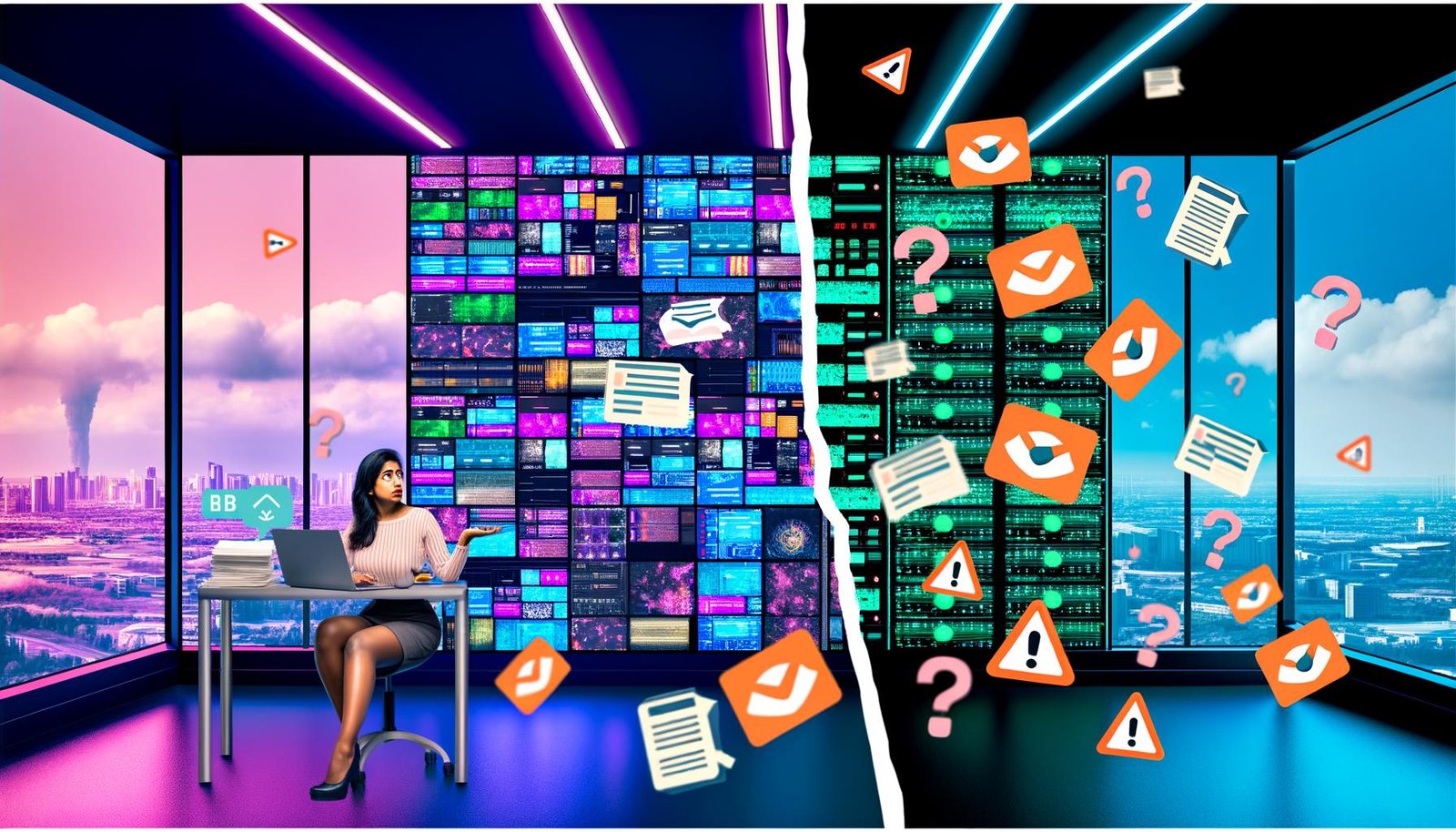 Split-Screen-Illustration: links ein hochmodernes Marketingbüro mit Neon-Dashboards, Chatbots und Tech-Gadgets; rechts Risse in digitalen Wänden, aus denen rote Warnsymbole, halluzinierte Inhalte, Daten-Tabellenfragmente, GDPR-Dokumente und „Bias Alert“-Dreiecke austreten. Im Vordergrund prüft ein Marketer besorgt Datenkabel und juristische Akten, während ein Techniker im Hoodie ein Server-Rack mit Alarmlichtern, Compliance-Checklisten und nach oben schießenden Kostengrafiken inspiziert; Stimmung dynamisch und angespannt.