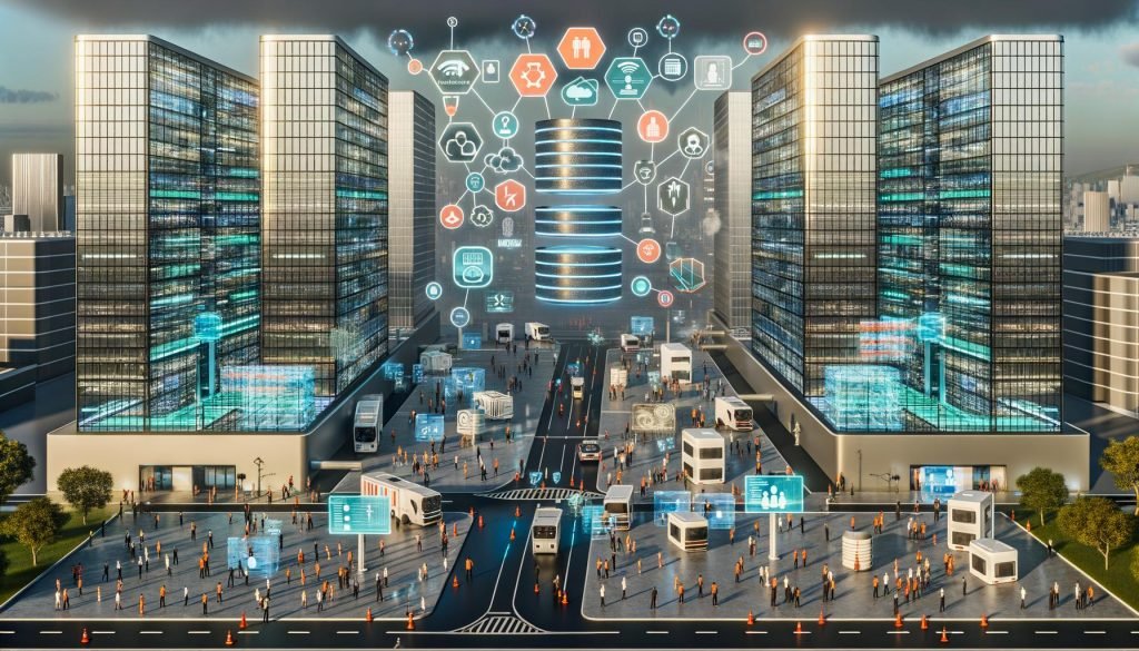 Futuristische Smart City mit KI-Infrastruktur: Rechenzentren am Energienetz, begrünte Glastürme, AR-Interfaces, holografische Teammitglieder, autonome Fahrzeuge, Drohnen, Lieferroboter und Compliance-Badges.