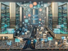 Futuristische Smart City mit KI-Infrastruktur: Rechenzentren am Energienetz, begrünte Glastürme, AR-Interfaces, holografische Teammitglieder, autonome Fahrzeuge, Drohnen, Lieferroboter und Compliance-Badges.