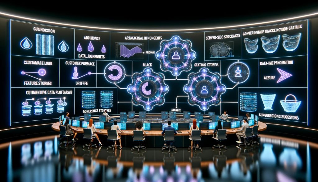 Futuristisches Marketing-Command-Center mit digitalen Dashboards und leuchtenden Datenströmen; Team an Workstations; holografische KPIs, Kundenreisen und KI-Empfehlungen; vernetzte CDP-, Lakehouse-, Server-Side-Tracking- und Feature-Store-Knoten; generative KI erstellt dynamische Ads; Echtzeit-Überwachung von Drift, Datenschutz und Markensicherheit.