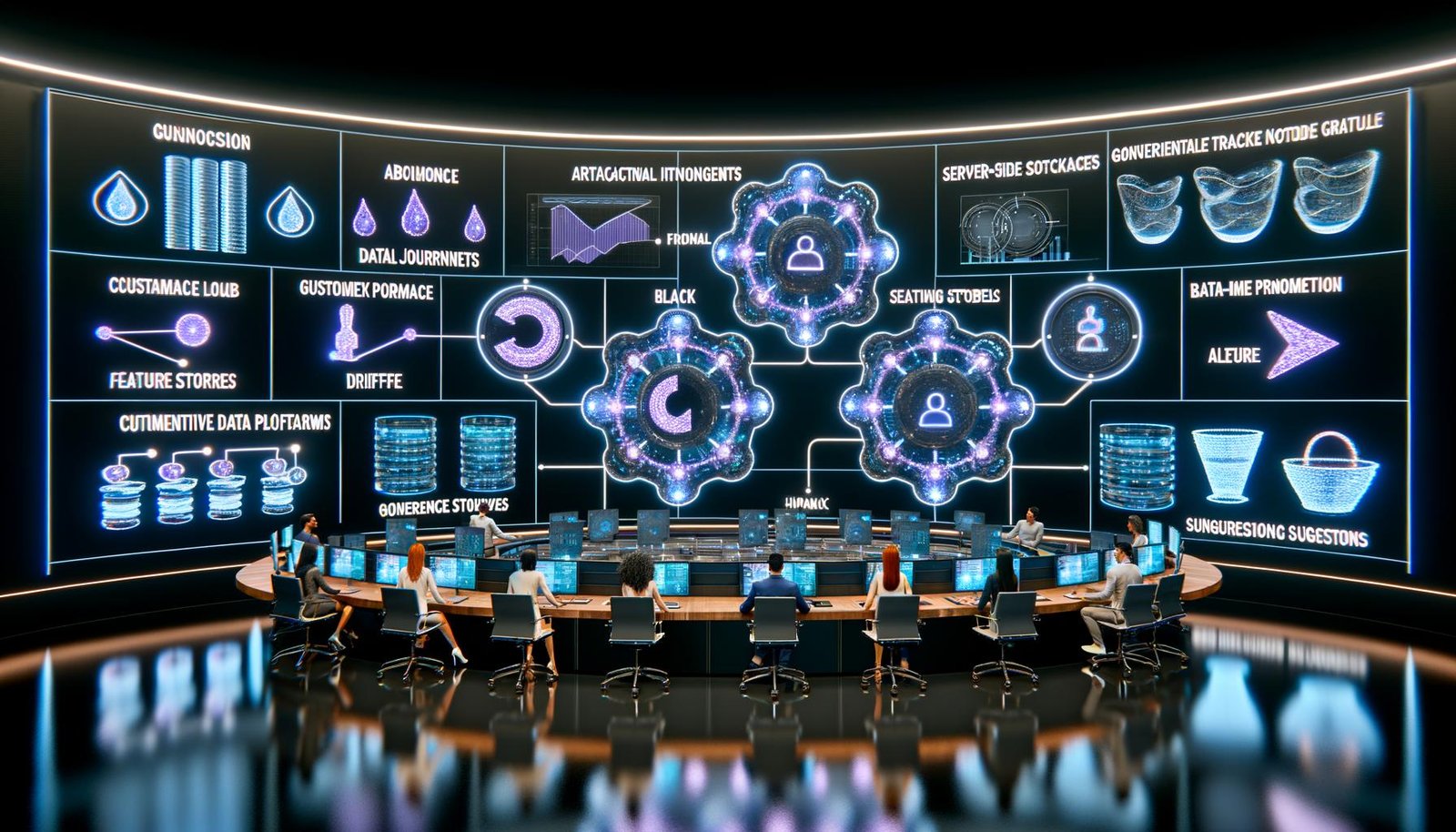 Futuristisches Marketing-Command-Center mit digitalen Dashboards und leuchtenden Datenströmen; Team an Workstations; holografische KPIs, Kundenreisen und KI-Empfehlungen; vernetzte CDP-, Lakehouse-, Server-Side-Tracking- und Feature-Store-Knoten; generative KI erstellt dynamische Ads; Echtzeit-Überwachung von Drift, Datenschutz und Markensicherheit.