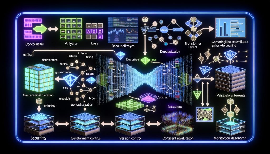 High-Tech-Visualisierung einer Datenpipeline mit Validierung, Deduplikation und Normalisierung; zentrales neuronales Netz (CNN, RNN, Transformer) mit Loss/Regularisierung, MLOps-Hinweisen zu Containern, Versionierung und Monitoring; Einbettungen im Vektorraum; rechts erklärbare Charts und UIs mit Sicherheit, Governance und Bias-Checks.