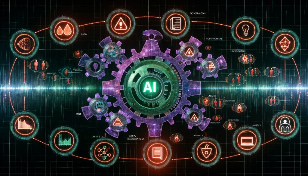 Konzeptbild der KI‑Landschaft 2025: leuchtende KI‑Engine aus Zahnrädern „Daten“, „Compute“, „Governance“; Entwickler mit Grafiken und Dashboards; Hologramme zu Transformern, Diffusion, Agenten und Compliance‑Checklisten; Warnsymbole für Prompt Injection, Bias, Datenlecks neben grünen Schilden für Evaluation, Sicherheit und Audit‑Logs; Szenen zu Automatisierung, Marketing‑Analytics und personalisiertem Service; modernes Büro mit digitaler EU‑Flagge.