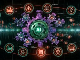 Konzeptbild der KI‑Landschaft 2025: leuchtende KI‑Engine aus Zahnrädern „Daten“, „Compute“, „Governance“; Entwickler mit Grafiken und Dashboards; Hologramme zu Transformern, Diffusion, Agenten und Compliance‑Checklisten; Warnsymbole für Prompt Injection, Bias, Datenlecks neben grünen Schilden für Evaluation, Sicherheit und Audit‑Logs; Szenen zu Automatisierung, Marketing‑Analytics und personalisiertem Service; modernes Büro mit digitaler EU‑Flagge.