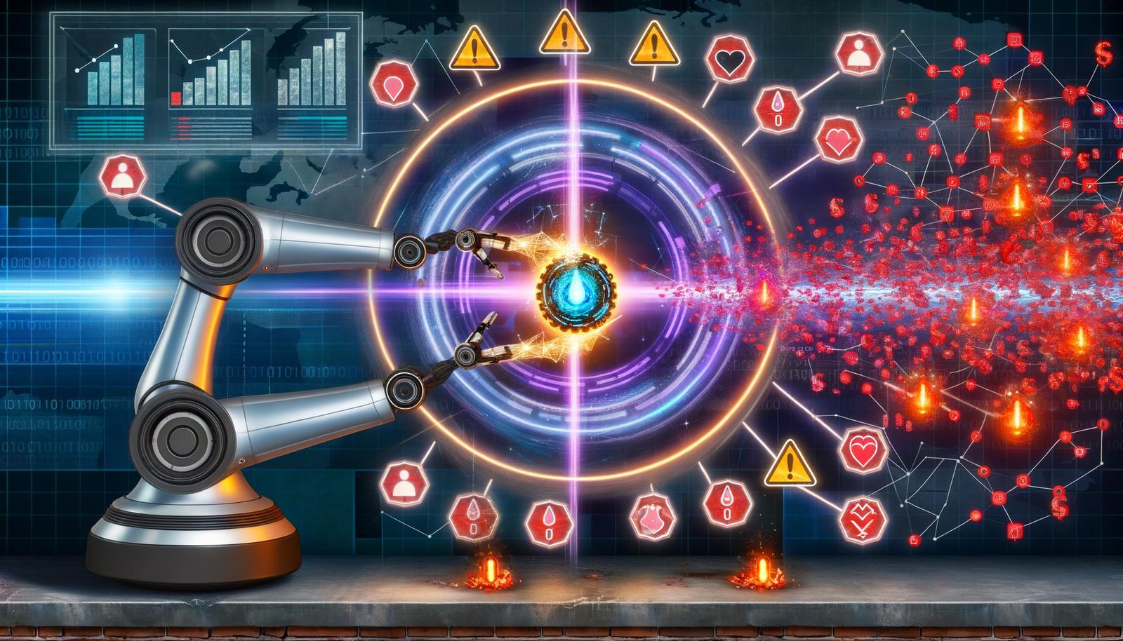 Geteilte KI-Visualisierung in moderner Unternehmensumgebung: links Roboterhand mit leuchtender Münze und Icons für Automatisierung, Customer Journeys und Wachstum; rechts Warnsymbole, Binärcode-Leck und zersplitterte Schilde für Datenpannen, Compliance und Halluzinationen; zentrales Dashboard mit KPIs, Checklisten und Audit-Trails.