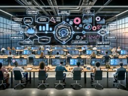 Ultramoderner Workspace mit Marketern und Data Scientists vor großen digitalen Dashboards: KI-Funnel, Datenpipelines, Journey-Cluster, Experimente, Feature Stores und Compliance-Hinweise.