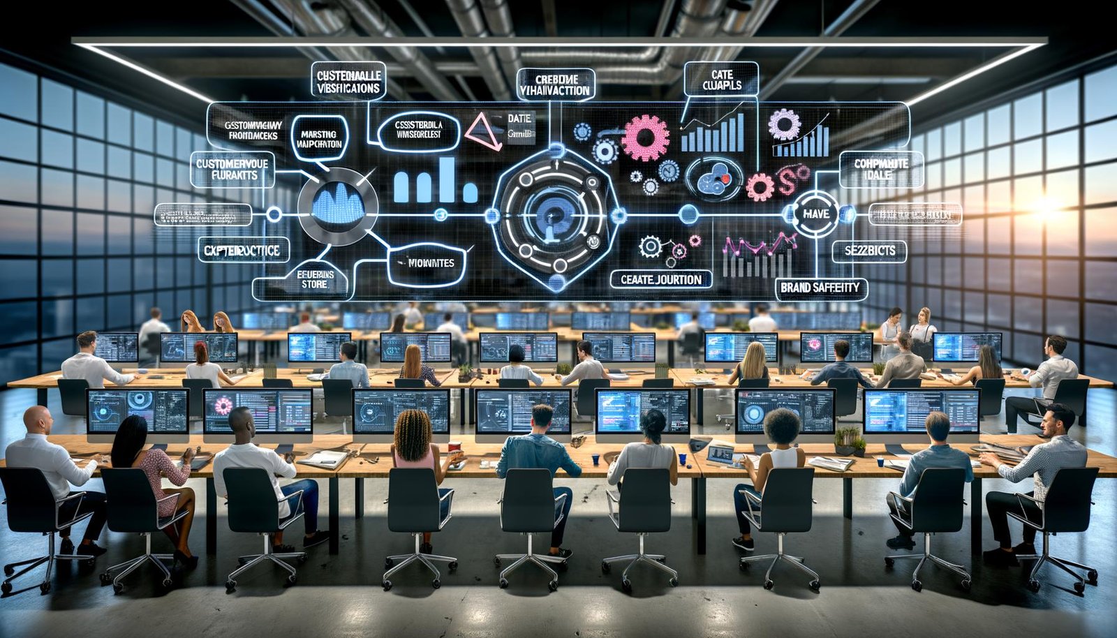 Ultramoderner Workspace mit Marketern und Data Scientists vor großen digitalen Dashboards: KI-Funnel, Datenpipelines, Journey-Cluster, Experimente, Feature Stores und Compliance-Hinweise.