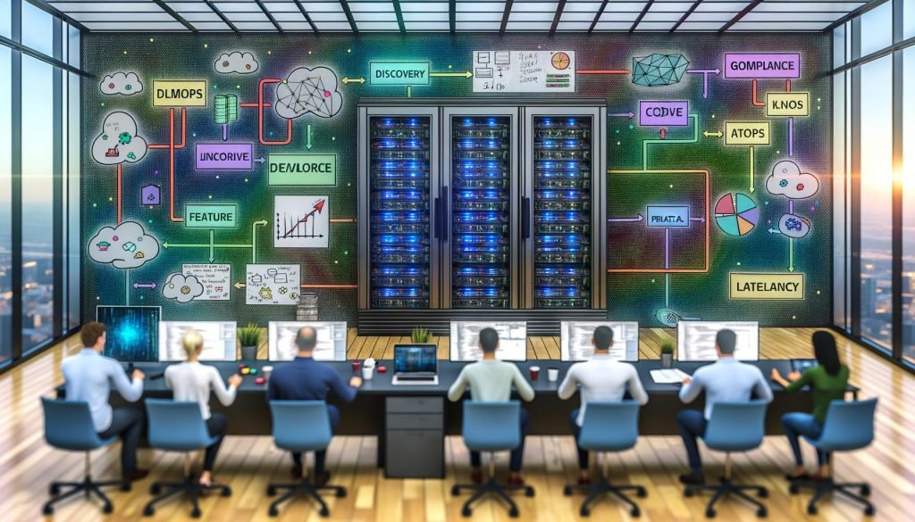 Tech-Editorial: Großer Serverschrank mit angedeuteter GPU-Hardware neben Monitoren mit Code, Datenströmen und Metrik-Dashboards. Diverse Ingenieur:innen, Architekt:innen und Data Scientists arbeiten kollaborativ mit Notebooks, Skizzen und Post-its (Data Pipeline, LLMOps, MLOps, Feature Store, Latency). Im Hintergrund ein Netzwerk aus Datenknoten, das sich zu einer Roadmap von Discovery über Pilot bis Rollout verdichtet. An der Wand Diagramme zu Compliance, Governance und KPIs; professionelle, zukunftsorientierte Stimmung.