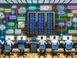 Tech-Editorial: Großer Serverschrank mit angedeuteter GPU-Hardware neben Monitoren mit Code, Datenströmen und Metrik-Dashboards. Diverse Ingenieur:innen, Architekt:innen und Data Scientists arbeiten kollaborativ mit Notebooks, Skizzen und Post-its (Data Pipeline, LLMOps, MLOps, Feature Store, Latency). Im Hintergrund ein Netzwerk aus Datenknoten, das sich zu einer Roadmap von Discovery über Pilot bis Rollout verdichtet. An der Wand Diagramme zu Compliance, Governance und KPIs; professionelle, zukunftsorientierte Stimmung.