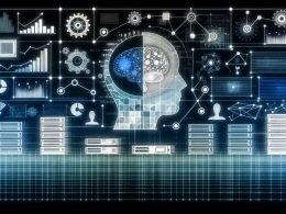 Modernes, nüchternes KI-Montagebild: halbtransparenter Kopf mit geometrischen Linien, Zahnrädern, Binärcode und neuronalen Netzen; umgeben von Serverrack, GPU, Datenpipelines, Zahlenkolonnen, Metrik-Dashboard (ROC, Balken, Zeitleiste), Transformer-Blockdiagramm sowie Text-, Bild- und Sensor-Daten.