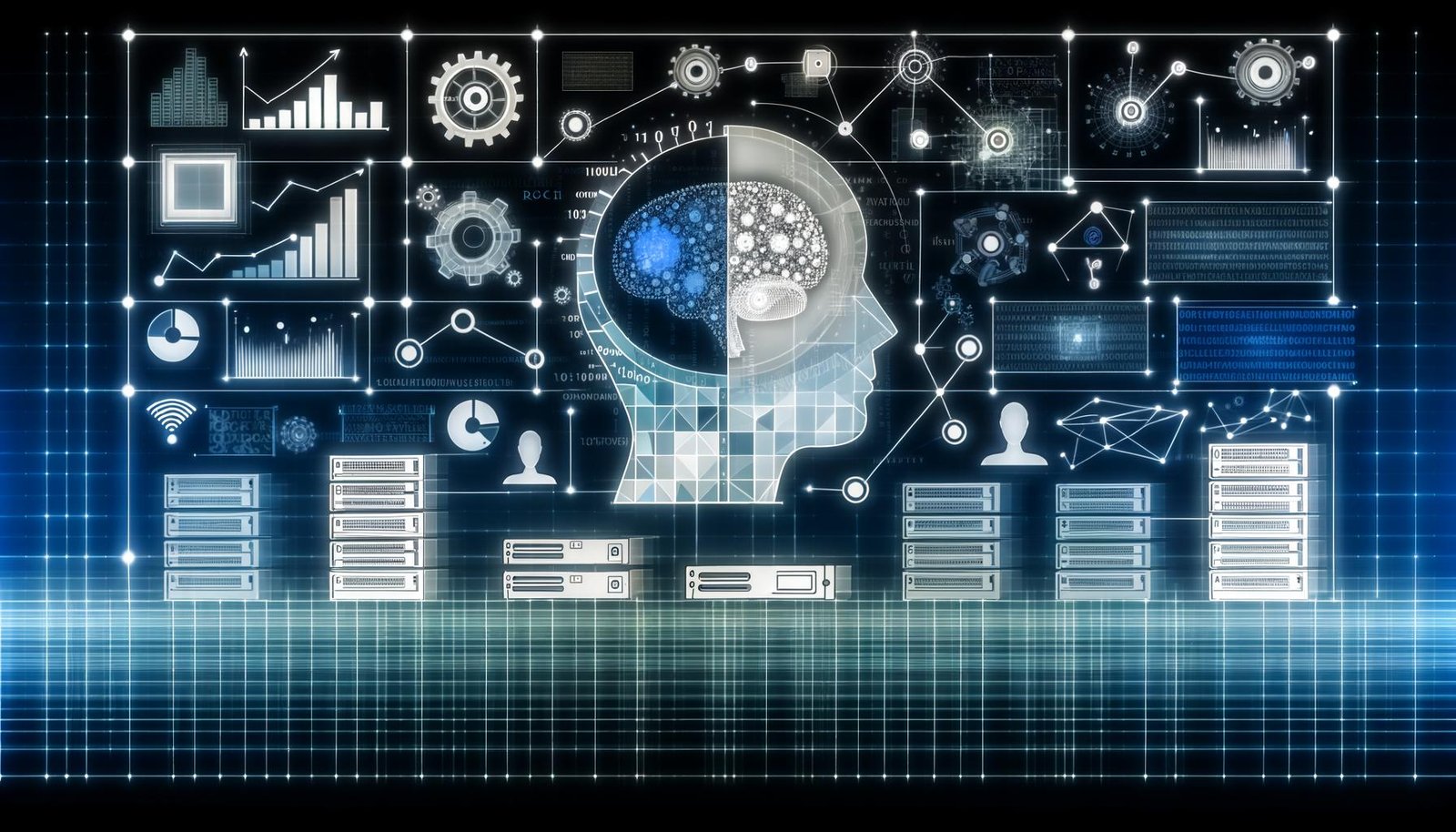 Modernes, nüchternes KI-Montagebild: halbtransparenter Kopf mit geometrischen Linien, Zahnrädern, Binärcode und neuronalen Netzen; umgeben von Serverrack, GPU, Datenpipelines, Zahlenkolonnen, Metrik-Dashboard (ROC, Balken, Zeitleiste), Transformer-Blockdiagramm sowie Text-, Bild- und Sensor-Daten.