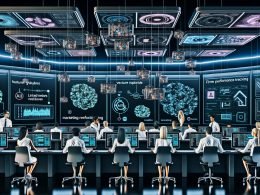 Eleganter, moderner Kontrollraum mit leuchtenden Dashboards; diverse Fachleute blicken auf Bildschirme mit neuronalen Netzen, Marketingmetriken und Prozessflüssen; transparente Overlays zu Datenpipelines, Feature Stores, Vektordatenbanken und produktiv ausgerollten KI-Modellen.