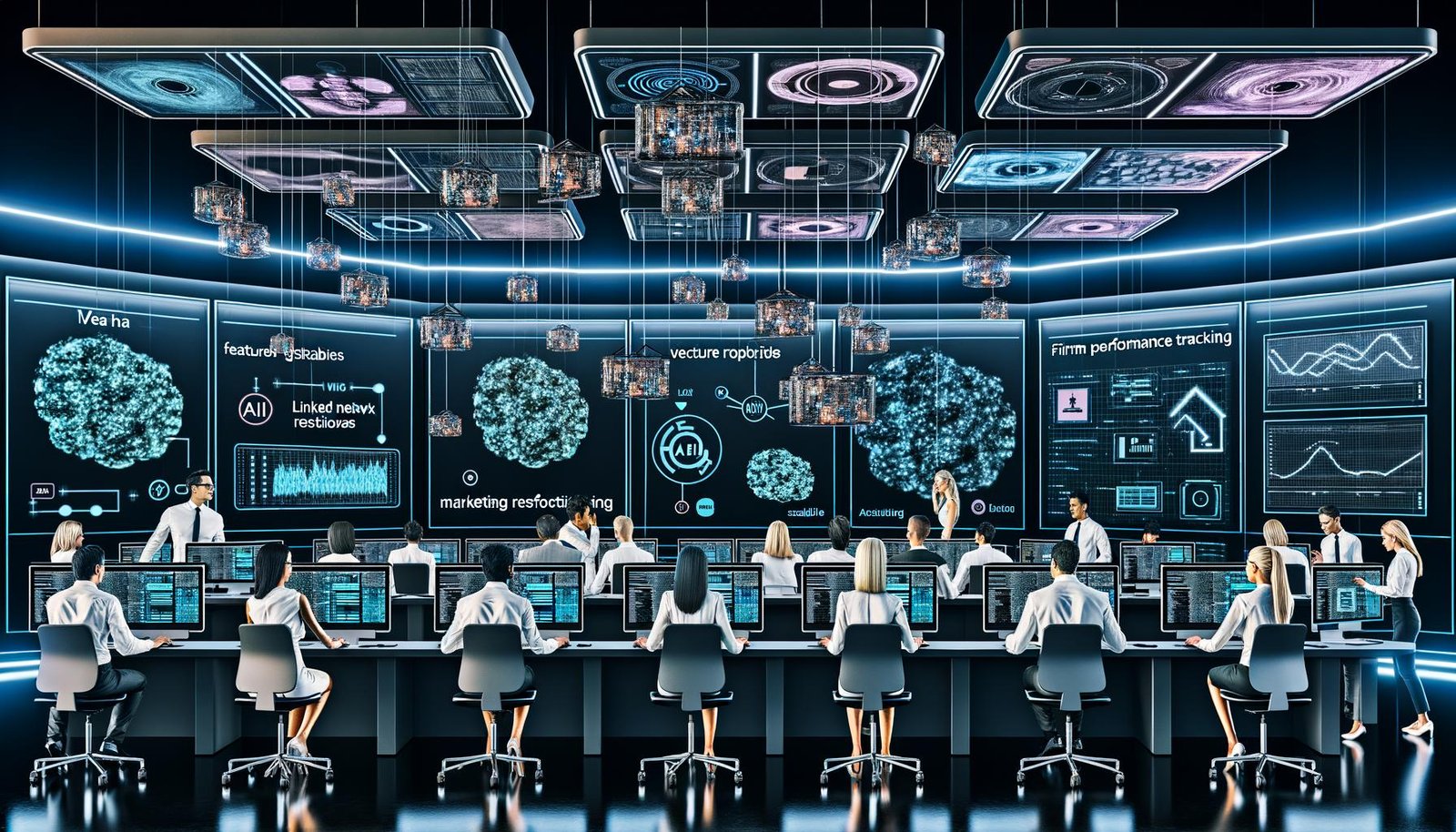 Eleganter, moderner Kontrollraum mit leuchtenden Dashboards; diverse Fachleute blicken auf Bildschirme mit neuronalen Netzen, Marketingmetriken und Prozessflüssen; transparente Overlays zu Datenpipelines, Feature Stores, Vektordatenbanken und produktiv ausgerollten KI-Modellen.