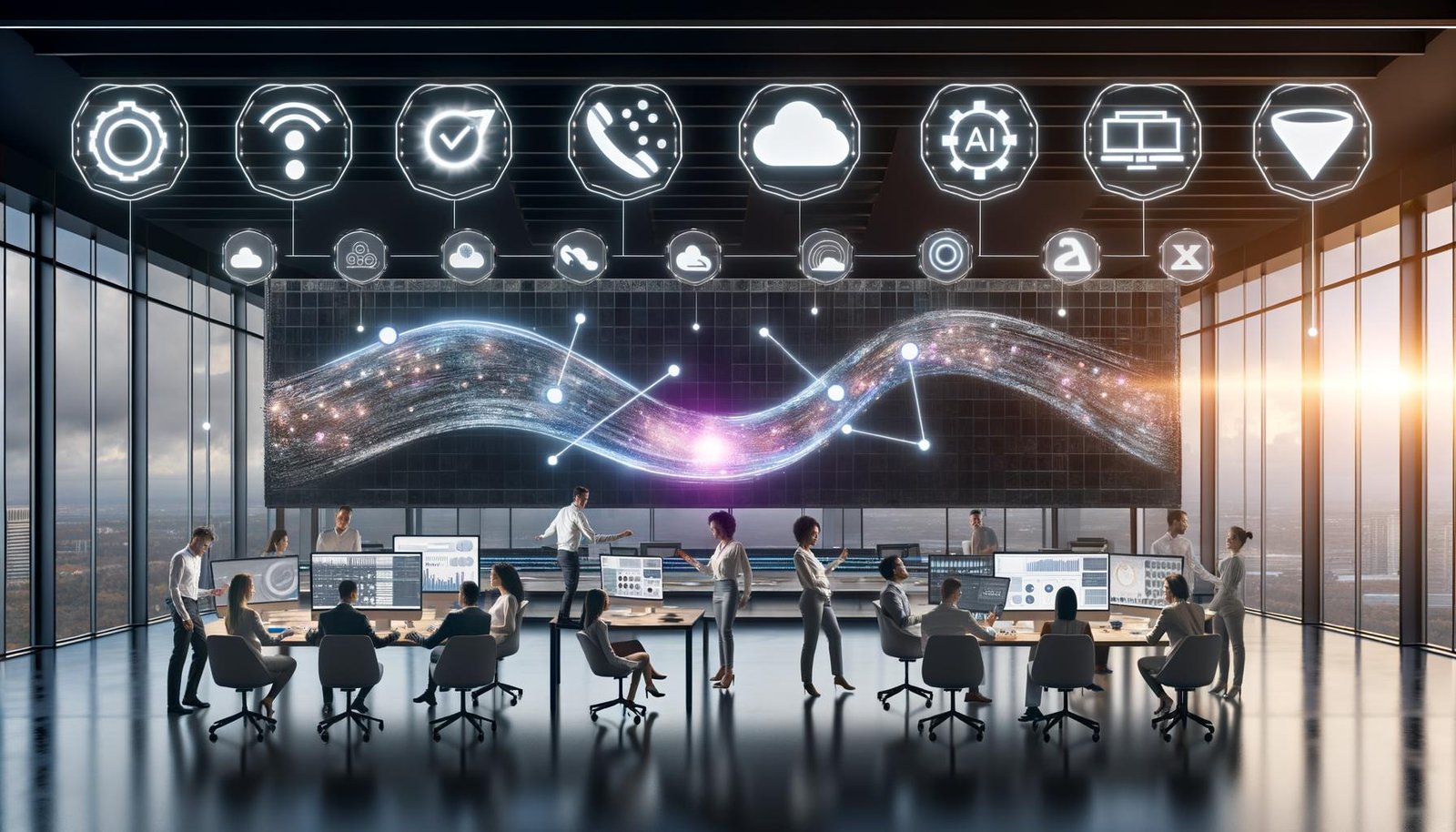 Futuristische Marketing- und Tech-Teams arbeiten um einen digitalen Hub mit halbtransparenter, leuchtender Datenpipeline, die Geräte, Dashboards, Cloud-Symbole und KI-Modelle verbindet; große Screens zeigen Echtzeit-KPIs, Grafiken und KI-getriebene Kampagnenanalysen; Mitarbeitende interagieren mit AR-Projektionen zu Customer Journeys, Empfehlungssystemen und generativen Textausgaben; im Hintergrund sind Server, Edge-Geräte und Feature Stores sowie Icons für Compliance, Sicherheit und Automatisierung zu sehen; fokussierte, energiegeladene Atmosphäre.