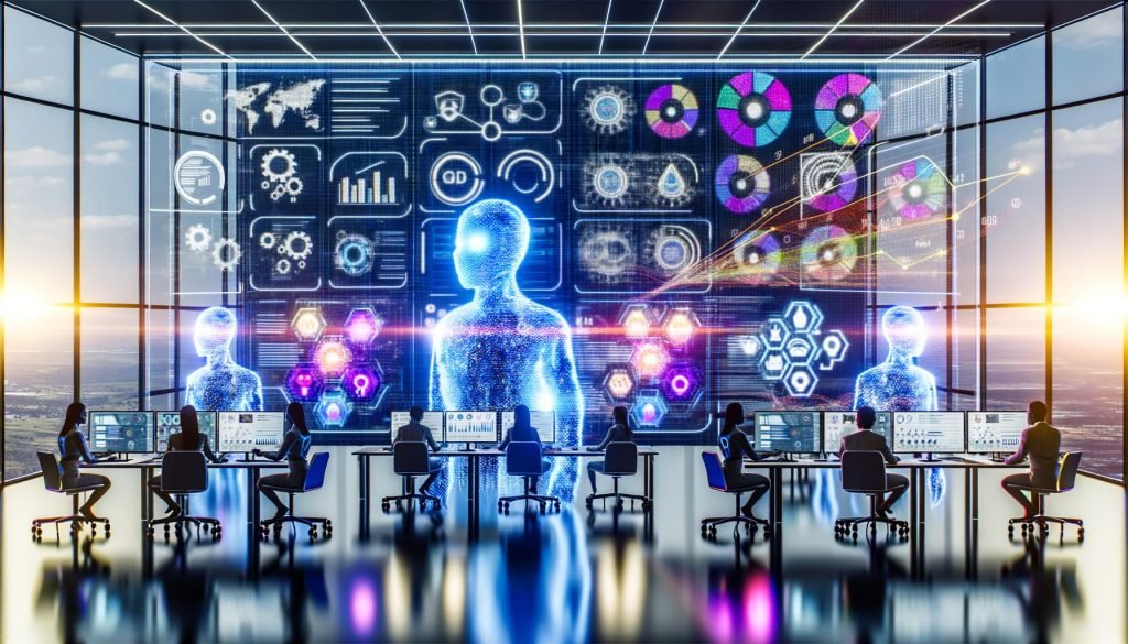 Dynamisches, futuristisches Marketing-Kontrollzentrum mit diversen Marketer:innen vor Datenvisualisierungen zu Customer Journeys, prädiktiver Analyse und Kreativtests; KI‑Roboter, generative KI, DSGVO‑Symbole und Echtzeit‑Personalisierung.