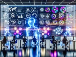 Dynamisches, futuristisches Marketing-Kontrollzentrum mit diversen Marketer:innen vor Datenvisualisierungen zu Customer Journeys, prädiktiver Analyse und Kreativtests; KI‑Roboter, generative KI, DSGVO‑Symbole und Echtzeit‑Personalisierung.