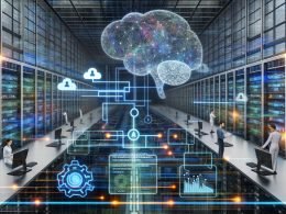 Futuristische Industriehalle mit Serverracks, schwebenden Cloud-Icons und leuchtenden Datenpipelines; diverse Ingenieur:innen arbeiten an Dashboards mit KPIs, KI-Metriken, PII- und DSGVO-Checklisten, während ein halbtransparentes KI-Gehirn und eine Waage Chancen vs. Herausforderungen zeigen.