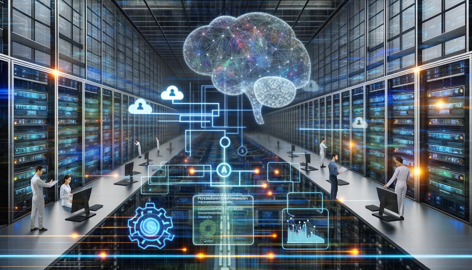 Futuristische Industriehalle mit Serverracks, schwebenden Cloud-Icons und leuchtenden Datenpipelines; diverse Ingenieur:innen arbeiten an Dashboards mit KPIs, KI-Metriken, PII- und DSGVO-Checklisten, während ein halbtransparentes KI-Gehirn und eine Waage Chancen vs. Herausforderungen zeigen.