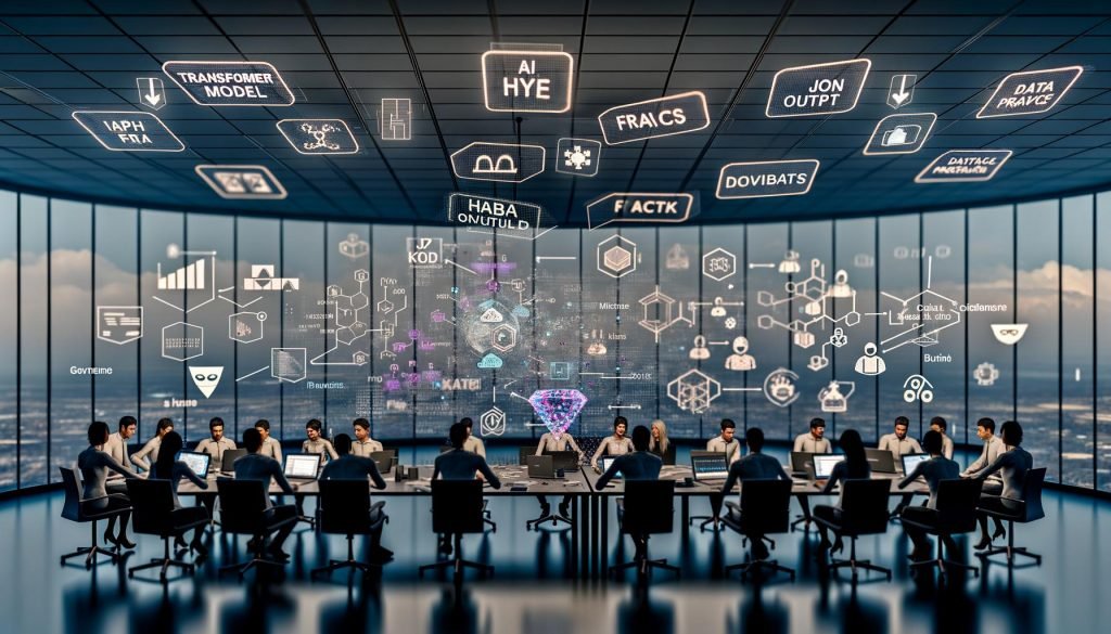 Diverse Fachleute an einem Tisch mit Laptops, Flowcharts und Monitoren mit KPIs und KI-Architekturen; Hologramme zeigen „Transformer Model“, „RAG Stack“ und „JSON Output“. Im Hintergrund eine digitale Wand mit neuronalen Netzwerken, Business-Dashboards und Sicherheits-Icons; transparente Scheibe teilt links „Hype“ und rechts „Fakten“ mit messbaren Kennzahlen und Compliance-Häkchen. Post-its: „Governance“, „Prompt Engineering“, „Evaluation“.