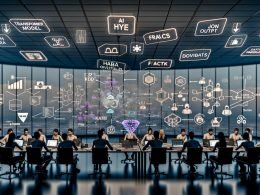 Diverse Fachleute an einem Tisch mit Laptops, Flowcharts und Monitoren mit KPIs und KI-Architekturen; Hologramme zeigen „Transformer Model“, „RAG Stack“ und „JSON Output“. Im Hintergrund eine digitale Wand mit neuronalen Netzwerken, Business-Dashboards und Sicherheits-Icons; transparente Scheibe teilt links „Hype“ und rechts „Fakten“ mit messbaren Kennzahlen und Compliance-Häkchen. Post-its: „Governance“, „Prompt Engineering“, „Evaluation“.