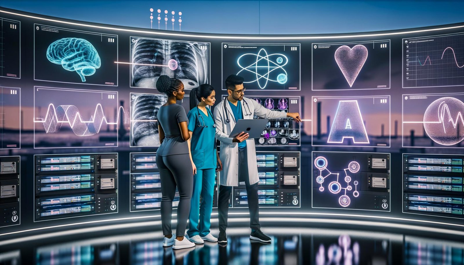 Interdisziplinäres Klinikteam vor großen Monitoren mit KI-Analysen (Tumorerkennung, Risiko-Scores, Triage); im Hintergrund Server, Netzwerke und FHIR/DICOM-Datenfluss; Panels mit KPIs, MDR/FDA/GDPR-Compliance, Audit-Trails und Sicherheitsalarmen.