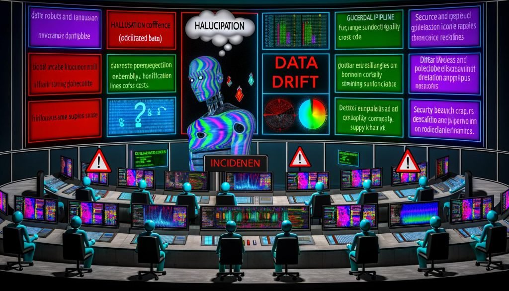Futuristischer Kontrollraum mit holografischen Displays zu KI-Risiken: Halluzinationen, Bias, Daten-Drift, Kostenwarnungen und Sicherheitsvorfällen (Prompt-Injection, Datenexfiltration, Supply-Chain). Diverses Team beobachtet Dashboards für RAG, Guardrails, Eval-Pipeline, Observability, Security, Compliance und MLOps; Incident-Channel aktiv.