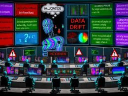 Futuristischer Kontrollraum mit holografischen Displays zu KI-Risiken: Halluzinationen, Bias, Daten-Drift, Kostenwarnungen und Sicherheitsvorfällen (Prompt-Injection, Datenexfiltration, Supply-Chain). Diverses Team beobachtet Dashboards für RAG, Guardrails, Eval-Pipeline, Observability, Security, Compliance und MLOps; Incident-Channel aktiv.