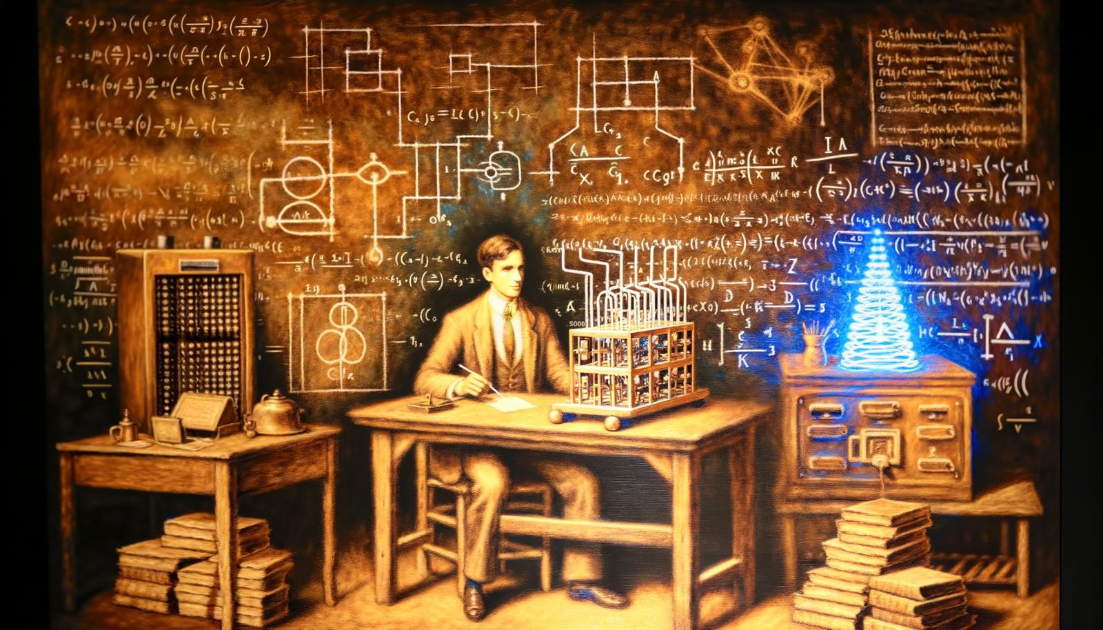Großformatiges, detailreiches Bild: Alan Turing sitzt an einem alten Holztisch vor einer Papier‑Turing‑Maschine; an der Tafel Skizzen von Schaltkreisen, mathematischen Formeln, einem simplen neuronalen Netz und die Namen Shannon, Gödel, McCarthy; auf einem Bücherstapel „LISP“, „Automata“, „Logic“; im Hintergrund schemenhafte Ikonen wie ein 50er‑Jahre‑Mainframe, eine Schreibmaschine und frühe Leiterplatten; nostalgische Sepia‑Töne mit elektrisierenden blauen Akzenten.