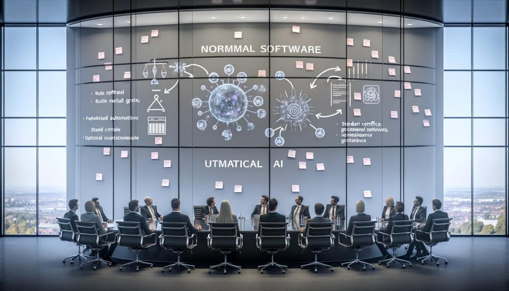 Diverse Führungskräfte in modernem Konferenzraum, fokussiert auf Bildschirm mit Gegenüberstellung „Normale Software“ vs. „KI-Systeme“, Verweise auf EU AI Act, ISO-Standards und deutsche Regulierung; an Glaswänden Risiko-Heatmaps, Checklisten und Flowcharts.