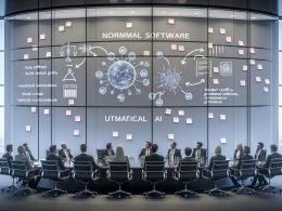 Diverse Führungskräfte in modernem Konferenzraum, fokussiert auf Bildschirm mit Gegenüberstellung „Normale Software“ vs. „KI-Systeme“, Verweise auf EU AI Act, ISO-Standards und deutsche Regulierung; an Glaswänden Risiko-Heatmaps, Checklisten und Flowcharts.