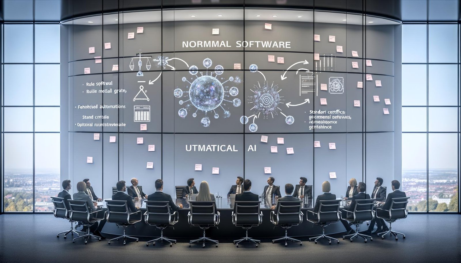 Diverse Führungskräfte in modernem Konferenzraum, fokussiert auf Bildschirm mit Gegenüberstellung „Normale Software“ vs. „KI-Systeme“, Verweise auf EU AI Act, ISO-Standards und deutsche Regulierung; an Glaswänden Risiko-Heatmaps, Checklisten und Flowcharts.