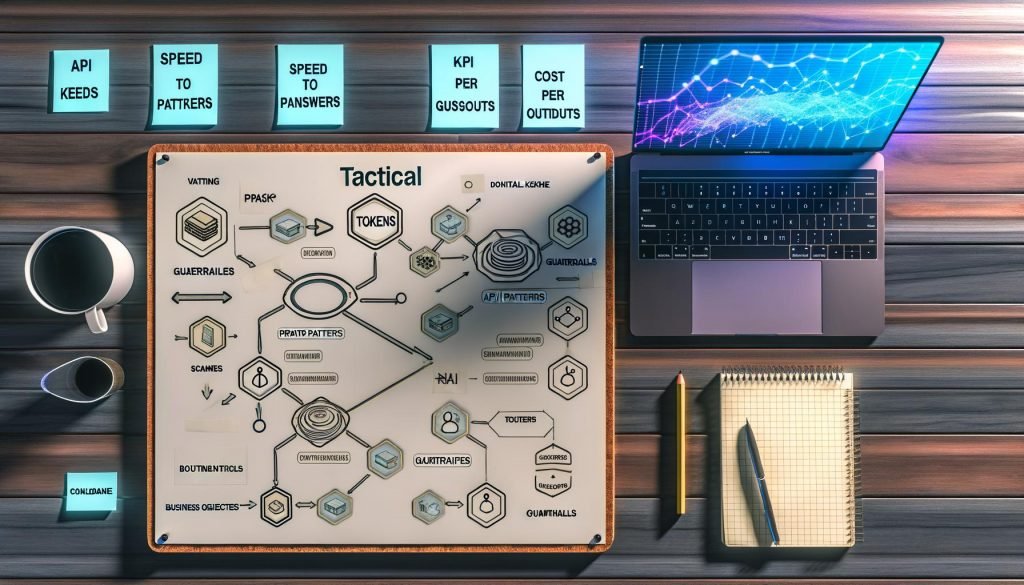 Top-Down-Foto eines modernen Schreibtischs mit Flowchart zu Datenpipelines, Tokens, API-Keys und KPIs, Laptop mit JSON-Schema und KPI-Grafen, Notizen zu Prompt Patterns, Guardrails und RAG/LLMOps sowie Compliance-Icons.
