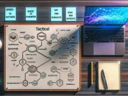 Top-Down-Foto eines modernen Schreibtischs mit Flowchart zu Datenpipelines, Tokens, API-Keys und KPIs, Laptop mit JSON-Schema und KPI-Grafen, Notizen zu Prompt Patterns, Guardrails und RAG/LLMOps sowie Compliance-Icons.